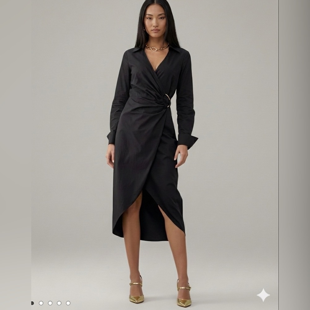 Boston Proper Black Shirt Dress Size 4 Belted Cotton Midi Gold Ring Detail NWT